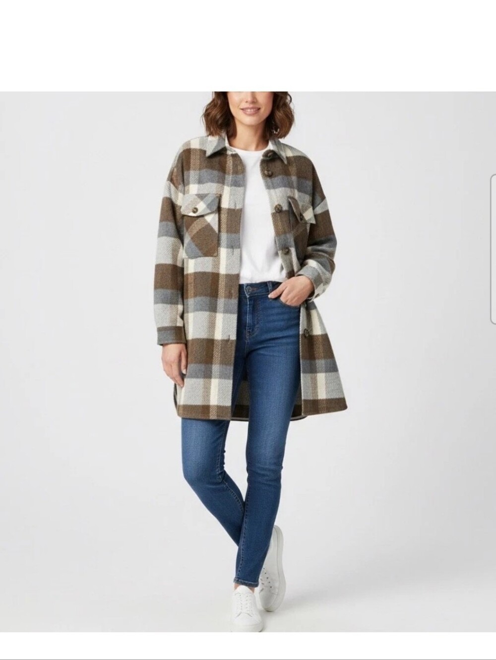Evereve Womens Raye Plaid  Brown Cream Shacket  Jacket Medium